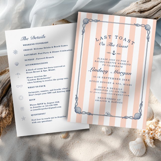 Invitación ¡Último brindis en la costa! Raya de despedida de  (Last Toast on the Coast! Bachelorette Peach Blush Stripes Invitation)