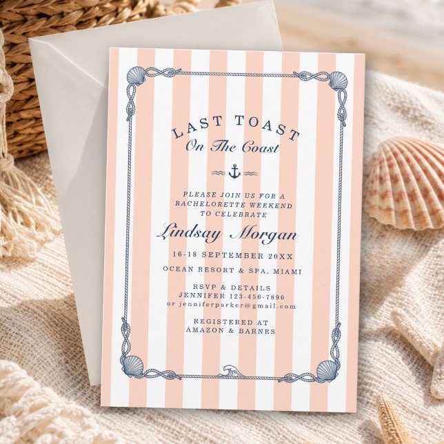 Invitación ¡Último brindis en la costa! Raya de despedida de  (Last Toast on the Coast! Bachelorette Stripe Invitation)