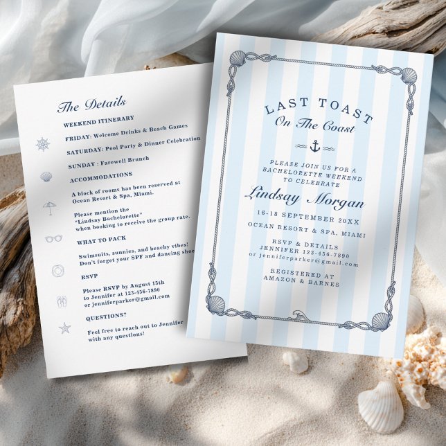 Invitación ¡Último brindis en la costa! Raya de Despedida de  (Last Toast on the Coast! Bachelorette Blue Stripes Invitation)