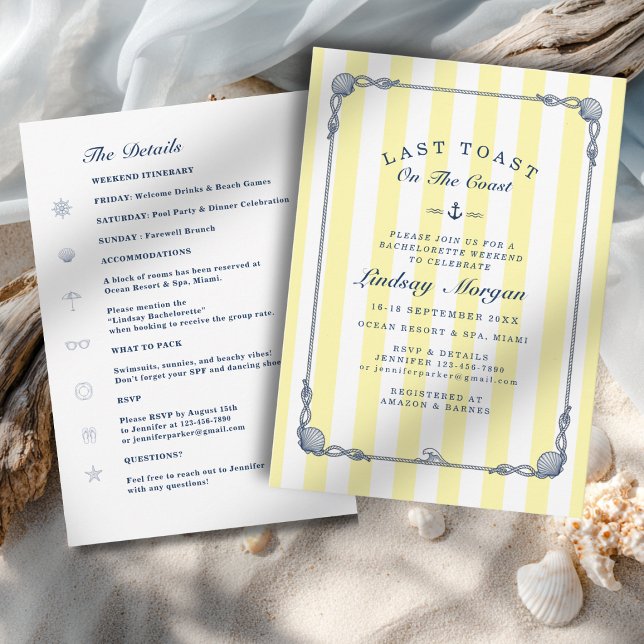 Invitación ¡Último brindis en la costa! Raya de soltera  (Last Toast on the Coast! Bachelorette Yellow Stripes Invitation)