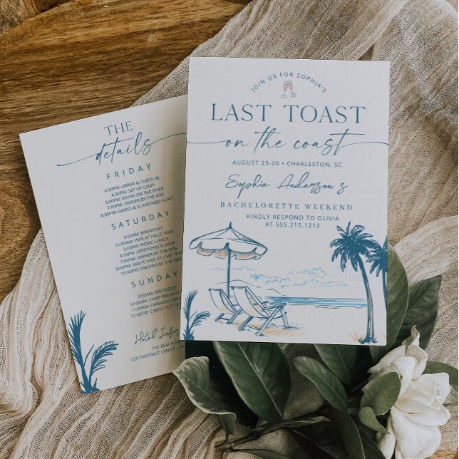 Invitación Último brindis en la fiesta de soltera de la costa (Last Toast on the Coast Bachelorette Party Invite and Itinerary)