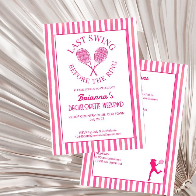 Invitación Último club de tenis balancín Bachelorette (Last swing pink tennis country club Bachelorette weekend itinerary Invitation editable template)