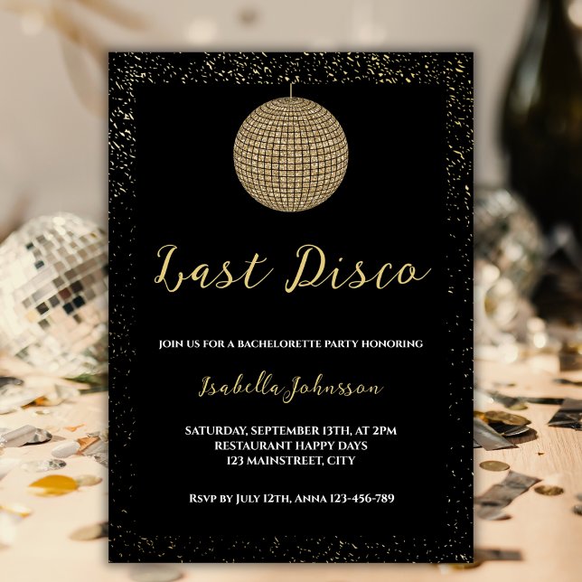 Invitación Último disco bola de oro Purpurina Bachelorette (last disco bachelorette party invitation black golden glitter disco ball retro)