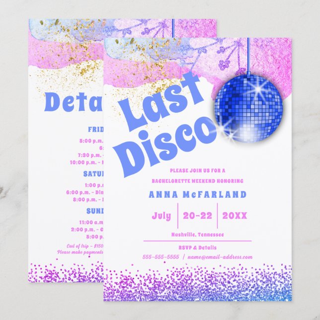 Invitación Último Disco Glam Retro Azul Rosa Despedida de Sol (Anverso / Reverso)