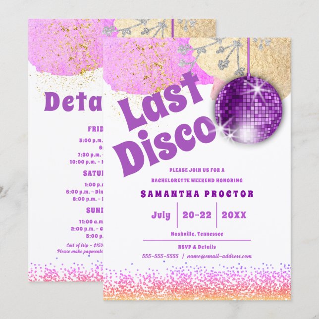 Invitación Último Disco Retro Glam Rosa Oro Despedida de Solt (Anverso / Reverso)