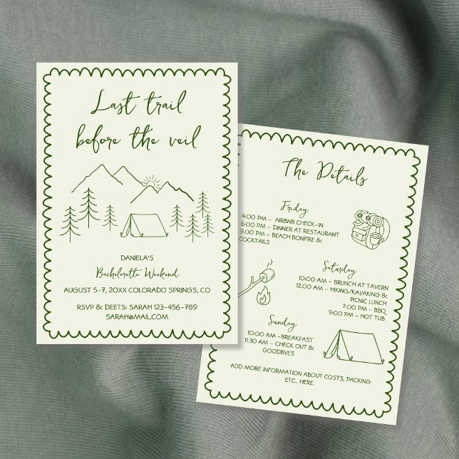 Invitación Último fin de semana de fin de semana de soltera p (Last Trail Camping Hand Drawn Bachelorette Weekend Invitation)