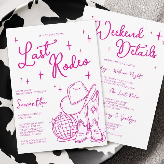 Invitación Último fin de semana de la fiesta de Bachelorette  (Last Rodeo Pink Cowgirl Bachelorette Party Weekend Invitation)