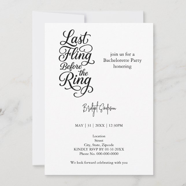 Invitación último fling antes del anillo Bachelorette Script (Anverso)