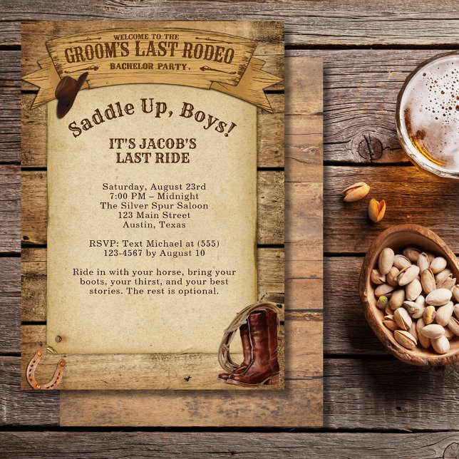 Invitación Último rodeo de Groom con bachillerato de niños (Groom’s Last Rodeo Saddle Up Boys Bachelor Party Invitation)