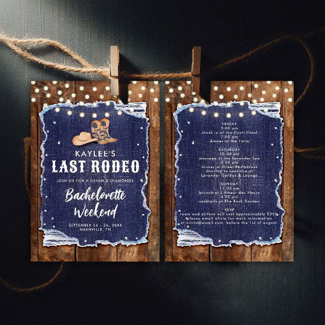 Invitación Último rodeo Denim Diamonds Cowgirl Bachelorette (denim and diamonds bachelorette party invitation itinerary rustic wood blue white cowgirl hoedown)