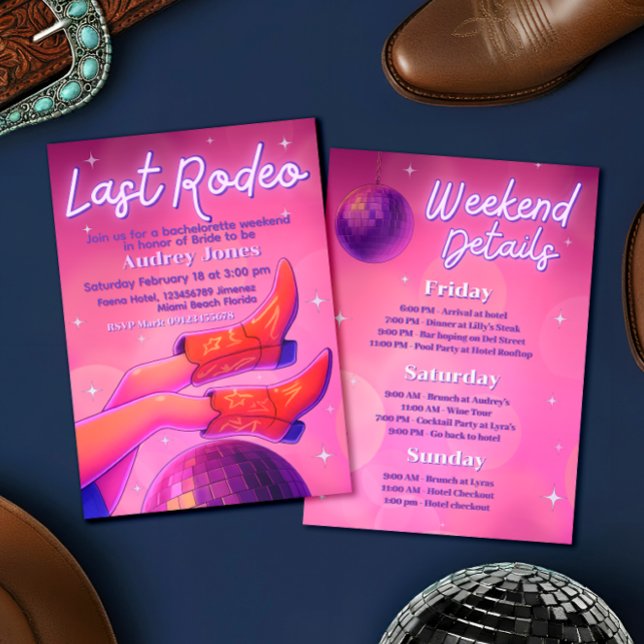 Invitación Último Rodeo - Fin de semana de despedida de solte (Last Rodeo - Disco Cowgirl Bachelorette Weekend Invitation)