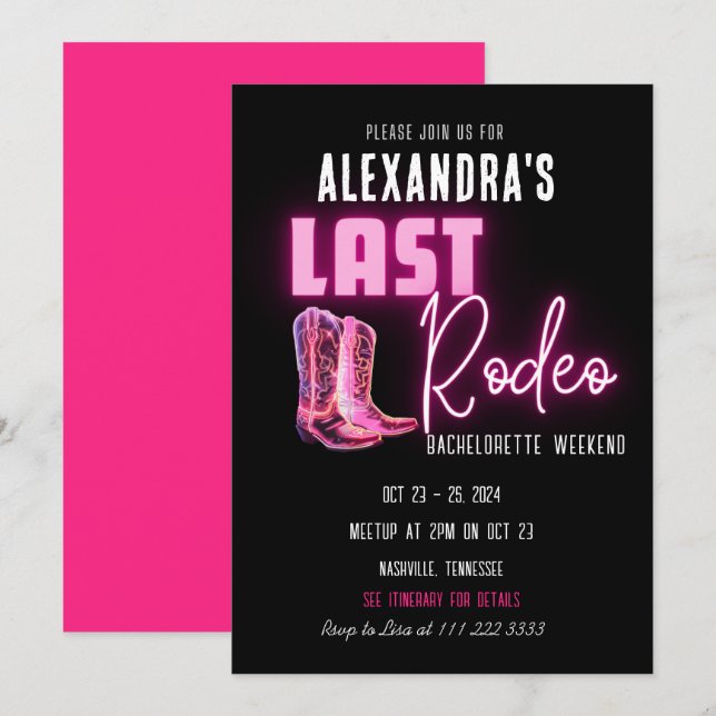 Invitación Último Rodeo Neón Neón Rosa Caliente Boots Bachelo (Anverso / Reverso)