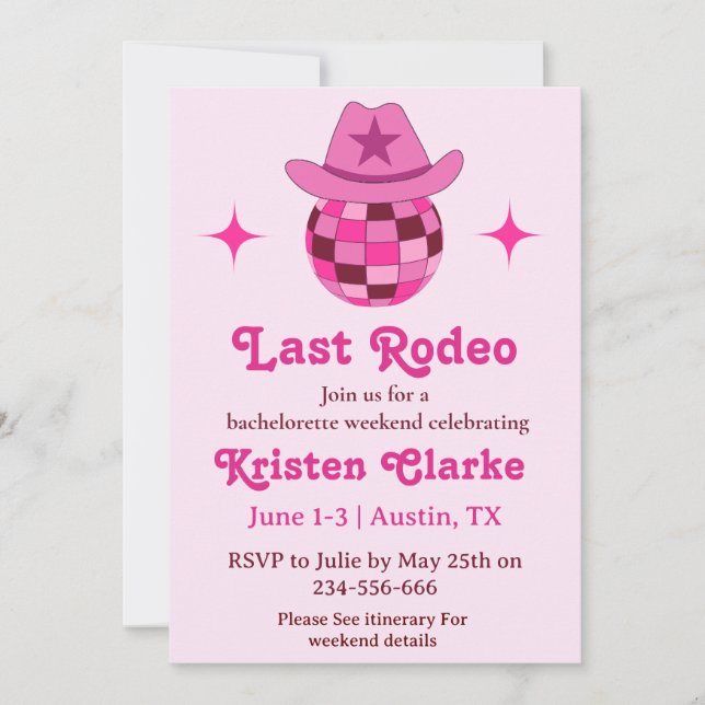 Invitación Último Rodeo Pink Disco Vaquera Despedida de Solte (Anverso)