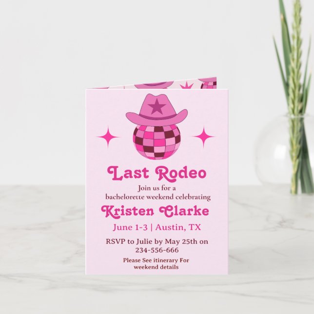 Invitación Último Rodeo Rosa Disco Vaquera Despedida de Solte (Anverso)