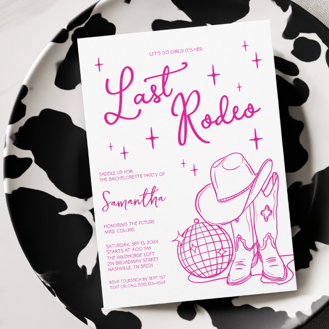 Invitación Último Rodeo Vaquera Rosa Disco Fiesta de Soltera (Last Rodeo Pink Cowgirl Disco Bachelorette Party Invitation)
