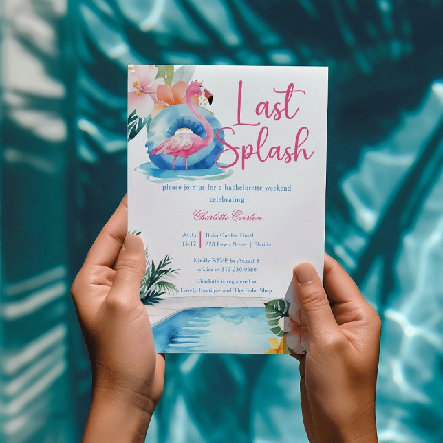 Invitación Último Splash Fin de semana de Despedida de Solter (Last Splash Pool pool watercolor Pink flamingo tropical flower Bachelorette Weekend Invitation)