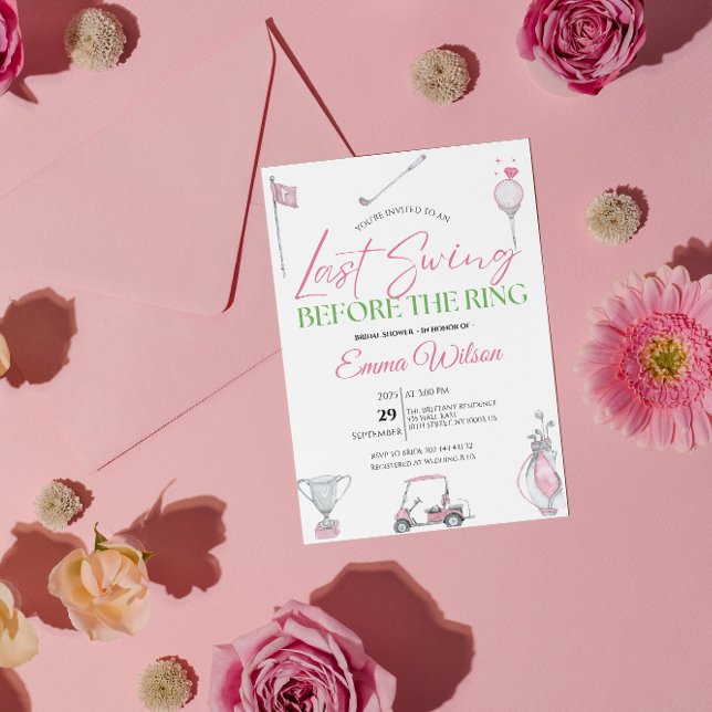 Invitación Último swing antes de la despedida de soltera de g (last swing before the ring, golf bridal shower invitation, pink, country club  party invite, sporty )