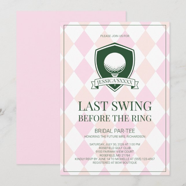 Invitación Último swing antes de la fiesta de boda de golf ro (Anverso / Reverso)