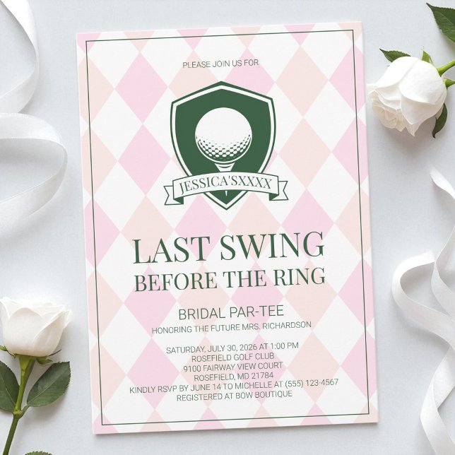 Invitación Último swing antes de la fiesta de boda de golf ro (Last Swing Before the Ring Pink Golf Bridal Party Invitation)