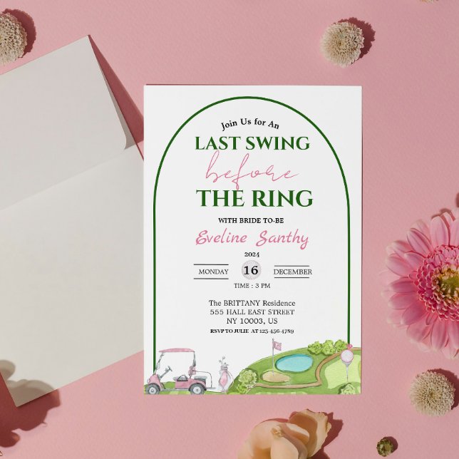 Invitación Último Swing Antes del Arco de Lluvia de Regalos d (Last Swing Before the Ring Golf Bridal Shower Arch Invitation)