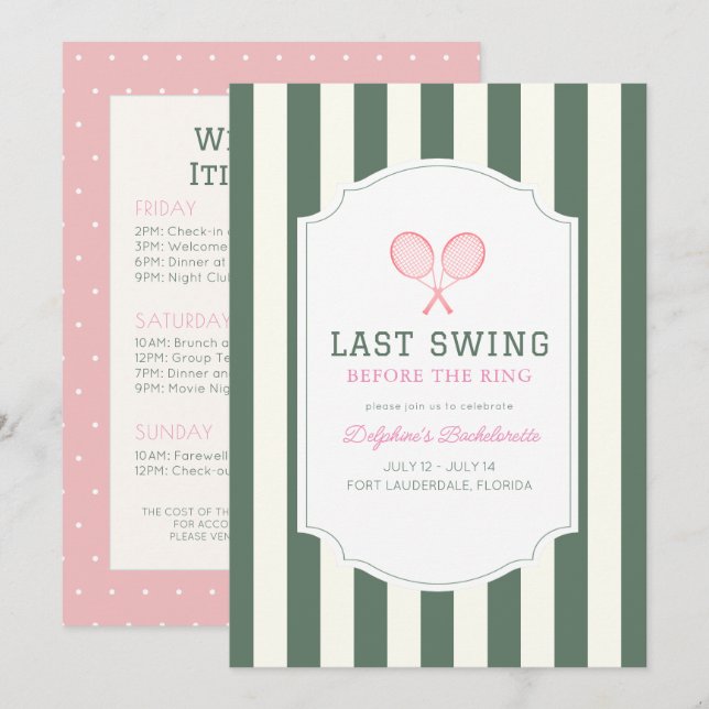 Invitación Último Swing Tenis Verde Raya Despedida de Soltera (Anverso / Reverso)