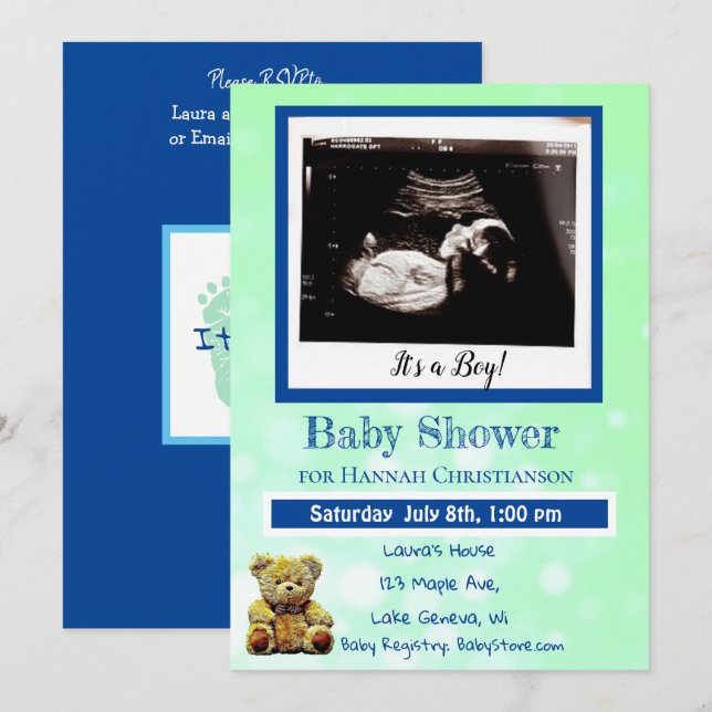 Invitación Ultrasonido Baby Shower de Green and Blue Baby Boy (Anverso / Reverso)