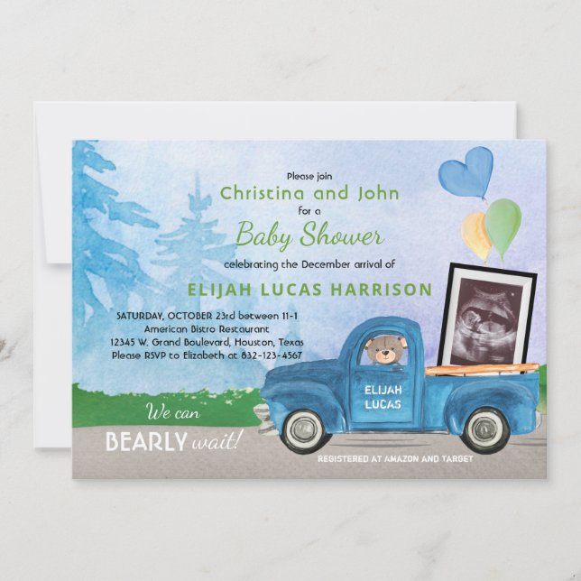 Invitación Ultrasonido Foto Blue Truck Bear Baby Shower (Anverso)