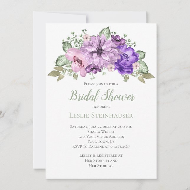 Invitación UltraViolet Purple Sage Green Floral Bridal Shower (Anverso)