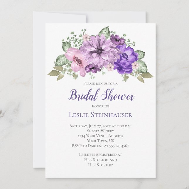 Invitación UltraViolet Purple Sage Green Floral Bridal Shower (Anverso)