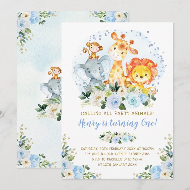Invitación Un 1r cumpleaños salvaje de selva de los animales (Anverso / Reverso)