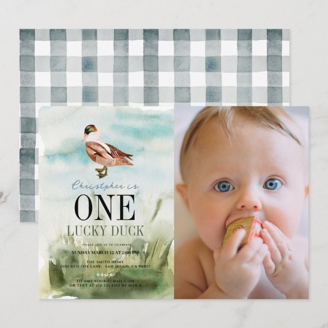 Invitación Un afortunado pato acuarela niño primer cumpleaños (Anverso / Reverso)