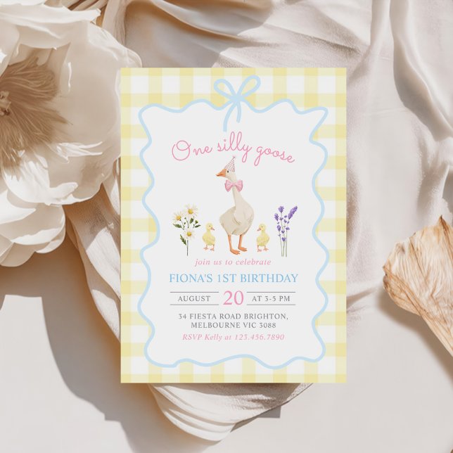 Invitación Un alegre amarillo ocre Gingham primer cumpleaños (Subido por el creador)