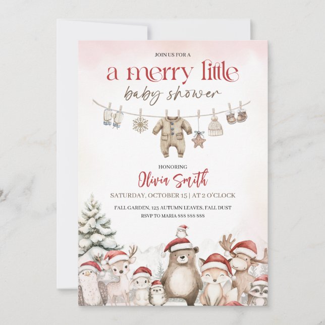 Invitación Un alegre baby shower de ropa tendida en el bosque (Anverso)