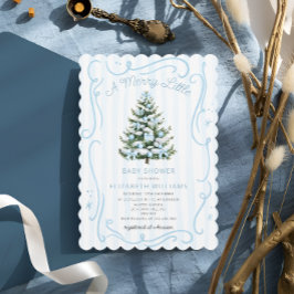 Invitación Un Alegre y Pequeño Baby Shower Azul de Navidad