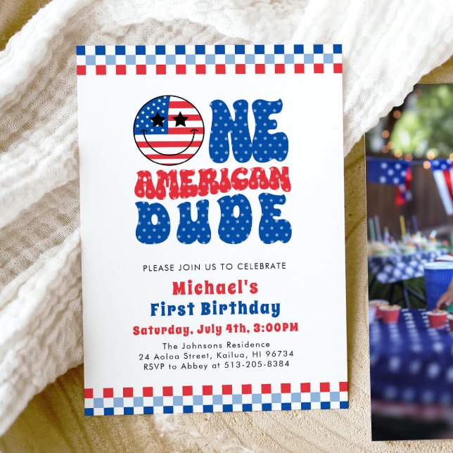Invitación Un Amigo Americano 4 De Julio Primer Cumpleaños (Watercolor One American Dude 4th Of July First Birthday Invitation)