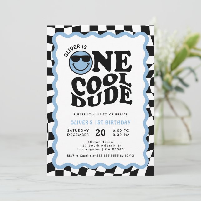 Invitación Un amigo de Guay Sonrisa azul Face Boy primer cump (Anverso de pie)