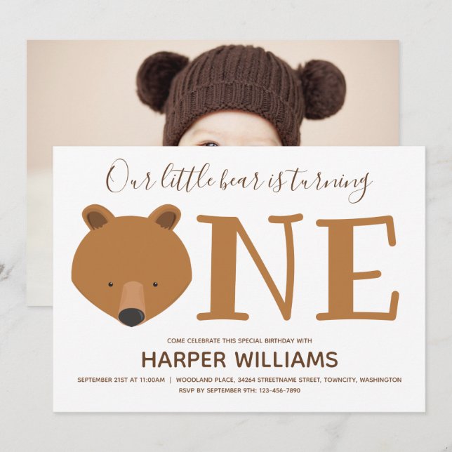 Invitación Un animal de foto de oso primer cumpleaños (Anverso / Reverso)