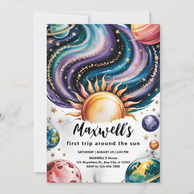 Invitación Un año alrededor del cumpleaños del sol (Anverso)