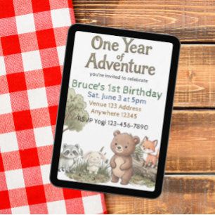Invitación Un Año de Aventura Cumpleaños Forestales Amigos