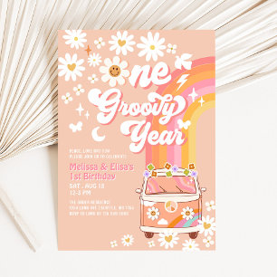 Invitación UN año genial Cumpleaños gemelas Rosa Melocotón