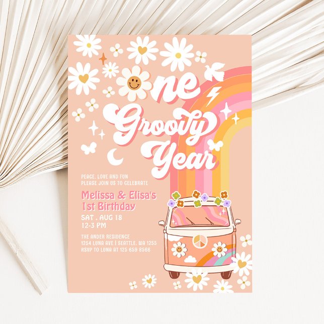 Invitación UN año genial Cumpleaños gemelas Rosa Melocotón (Subido por el creador)