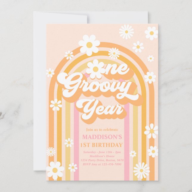 Invitación Un año groovy Boho Daisy Arcoiris primer cumpleaño (Anverso)