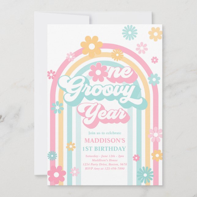 Invitación Un año groovy Boho Daisy Arcoiris primer cumpleaño (Anverso)