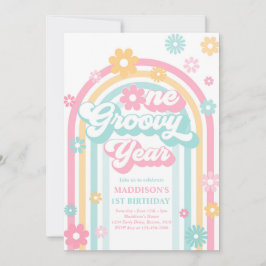Invitación Un año groovy Boho Daisy Arcoiris primer cumpleaño