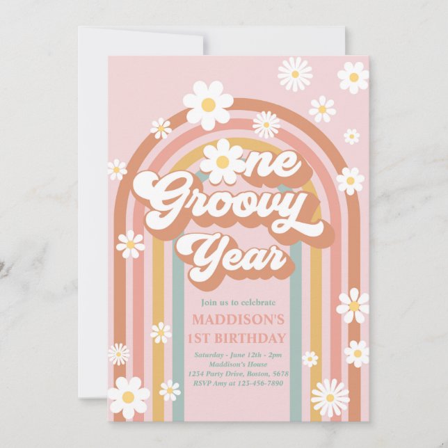 Invitación Un año groovy Boho Daisy Arcoiris primer cumpleaño (Anverso)
