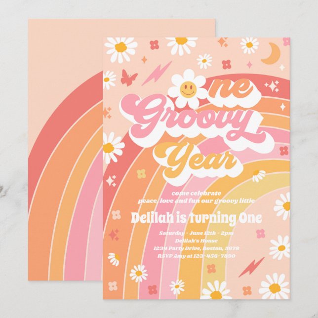 Invitación Un año groovy Paz Fiesta de amor Rainbow Birday (Anverso / Reverso)