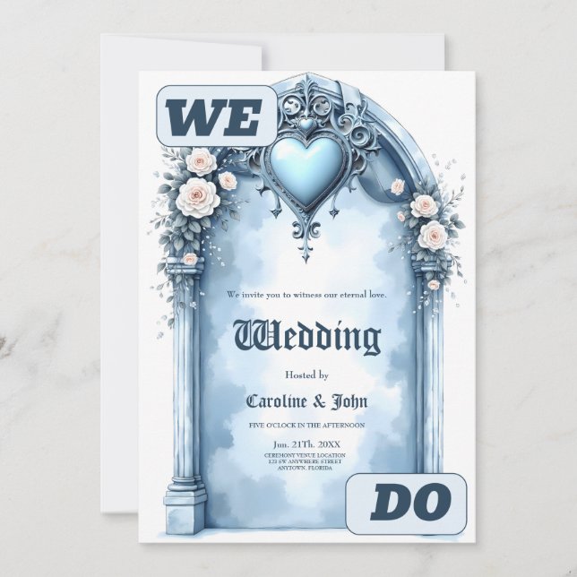 Invitación Un arco azul claro ornamentado con acentos florale (Anverso)