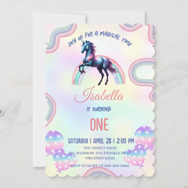 Invitación Un arcoiris mágico, unicornio, feliz Fiesta de cum (Anverso)
