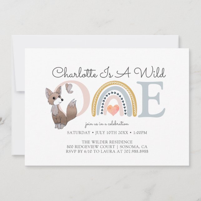 Invitación Un arcoiris salvaje, primer cumpleaños del Chica A (Anverso)