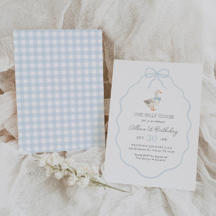 Invitación Un azul de Gingham blanco bobo primer cumpleaños